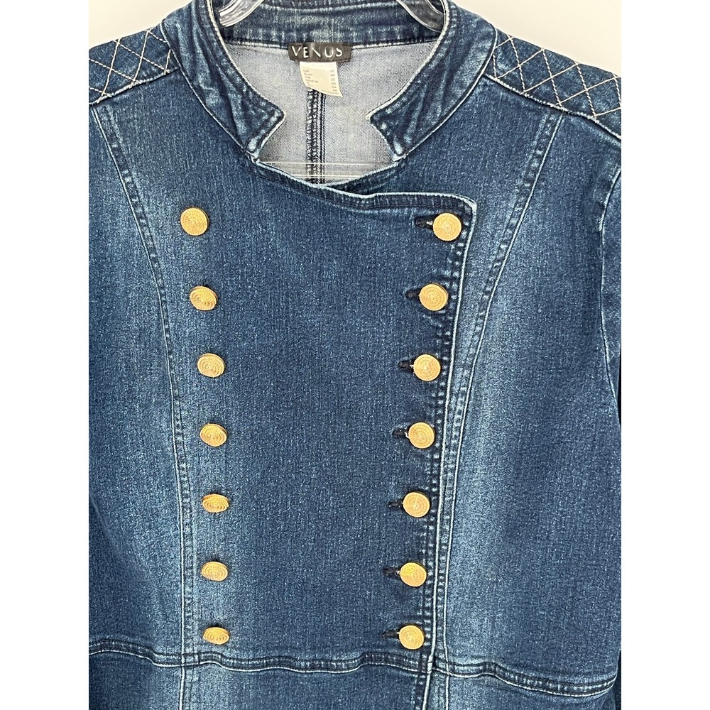 Venus Womens Denim Military Band Jacket 16 Gold Buttons Quilted Stitching - Picture 5 of 10